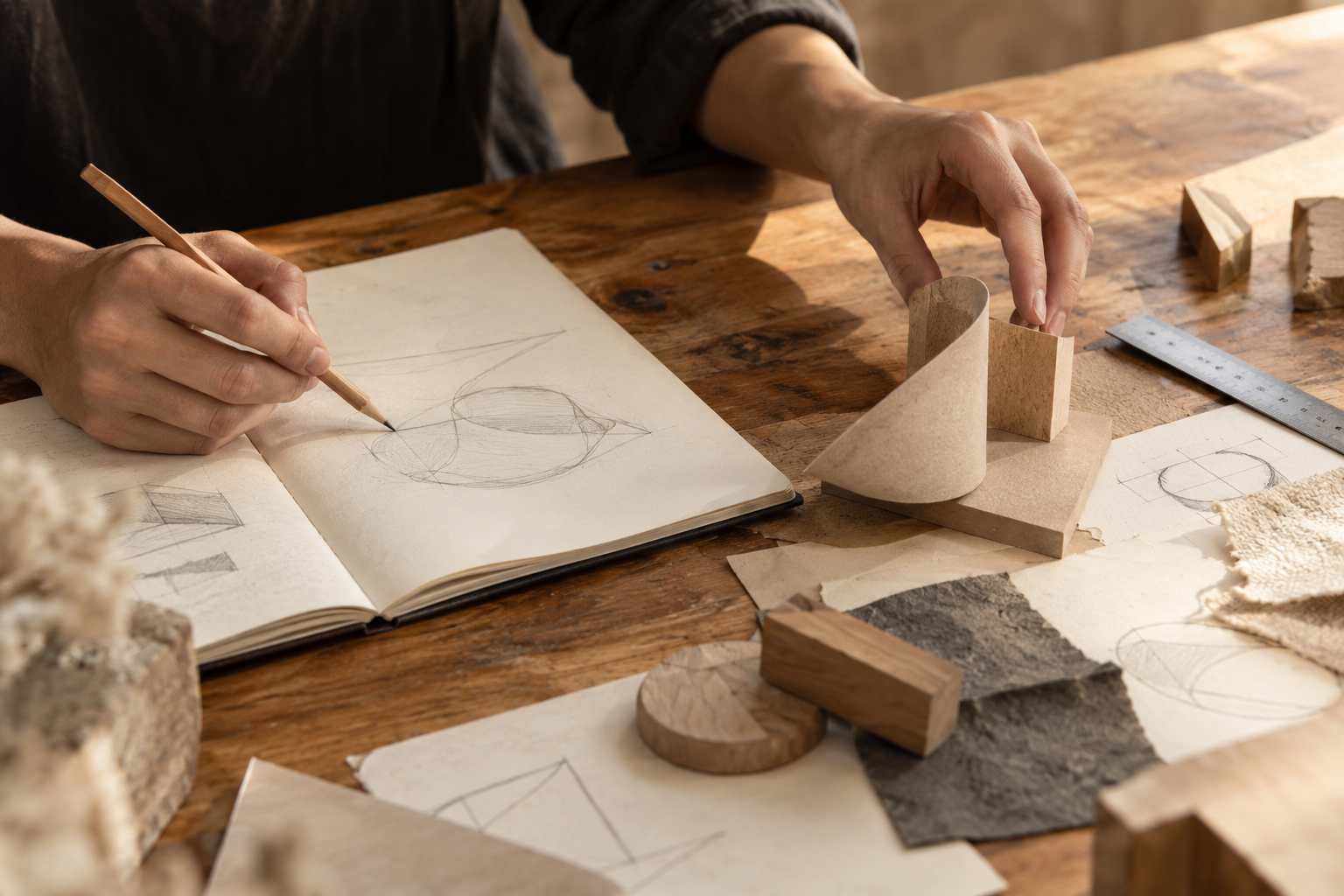 作業台で考え、手を動かして形を探る制作途中のイメージ
